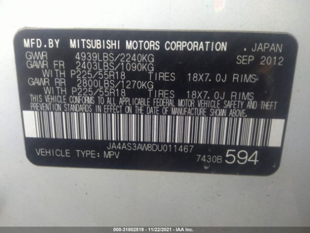 Photo 8 VIN: JA4AS3AW8DU011467 - MITSUBISHI OUTLANDER 