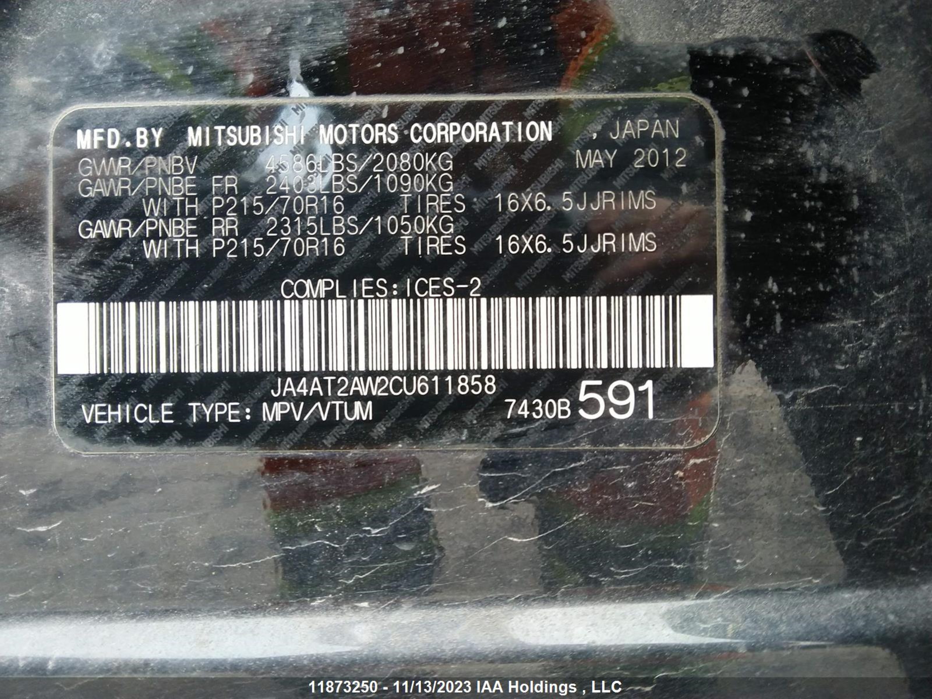 Photo 8 VIN: JA4AT2AW2CU611858 - MITSUBISHI OUTLANDER 