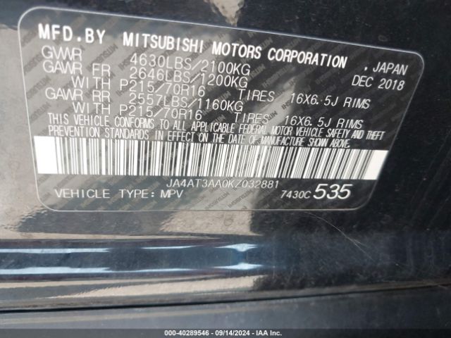 Photo 8 VIN: JA4AT3AA0KZ032881 - MITSUBISHI ECLIPSE CROSS 