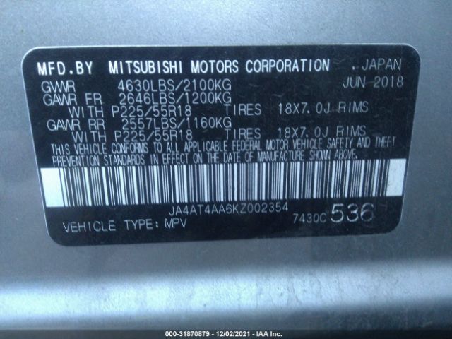 Photo 8 VIN: JA4AT4AA6KZ002354 - MITSUBISHI ECLIPSE CROSS 