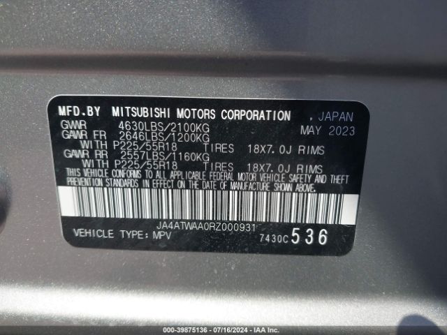 Photo 8 VIN: JA4ATWAA0RZ000931 - MITSUBISHI ECLIPSE CROSS 