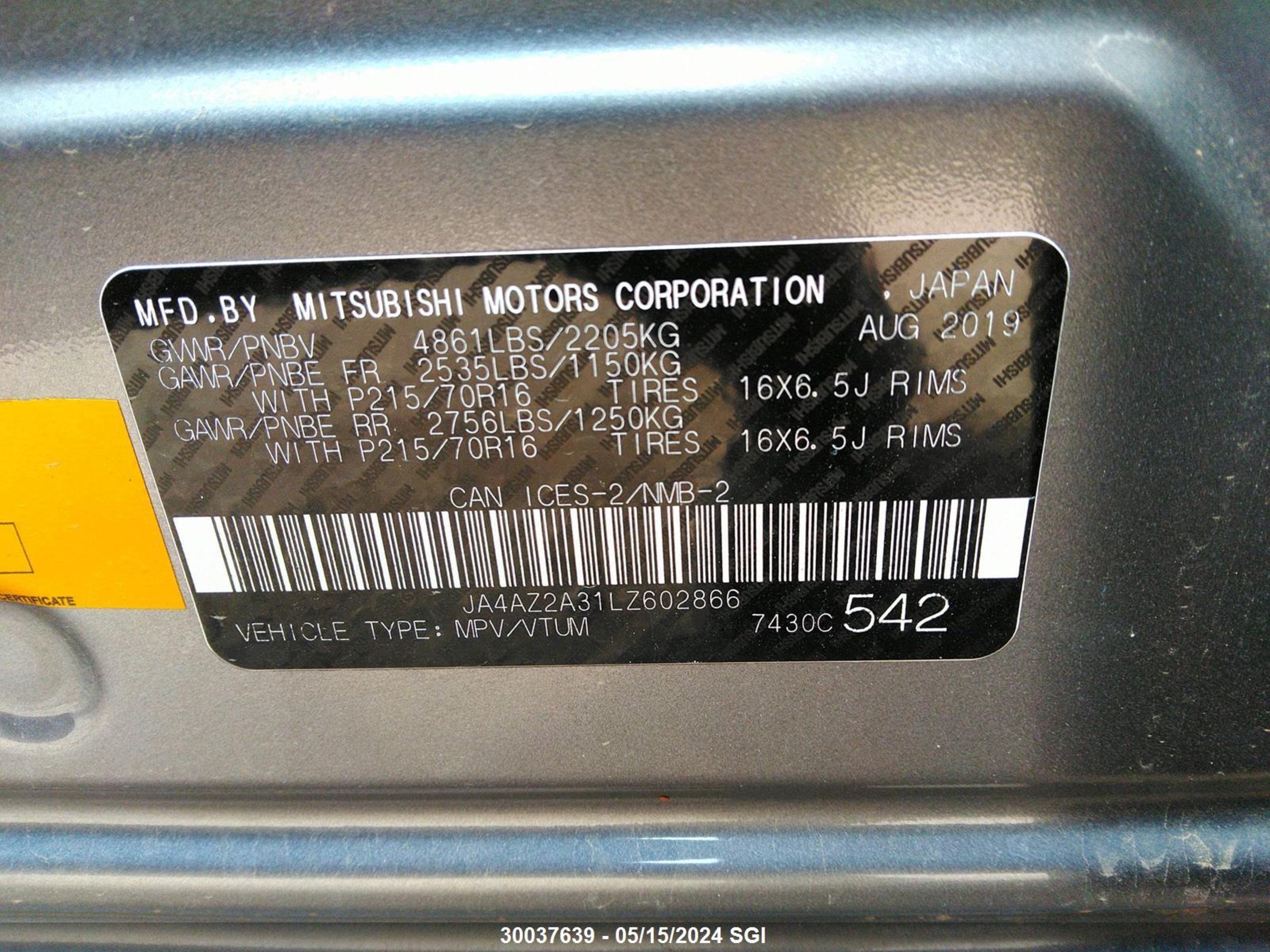 Photo 8 VIN: JA4AZ2A31LZ602866 - MITSUBISHI OUTLANDER 