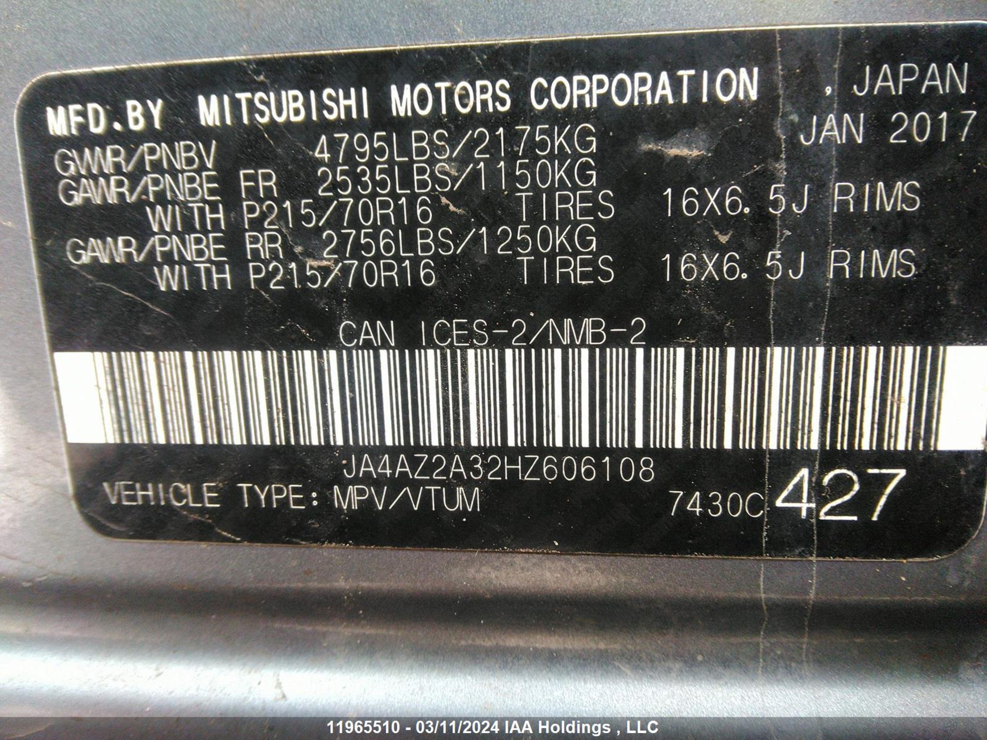 Photo 8 VIN: JA4AZ2A32HZ606108 - MITSUBISHI OUTLANDER 