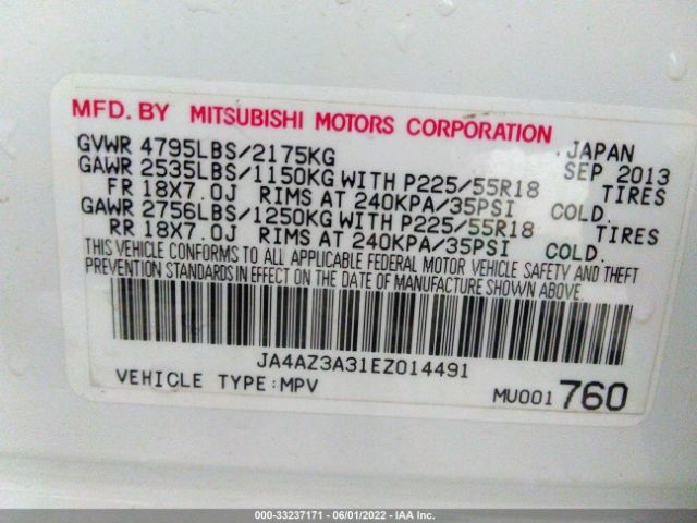 Photo 8 VIN: JA4AZ3A31EZ014491 - MITSUBISHI OUTLANDER 