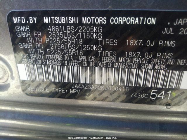 Photo 8 VIN: JA4AZ3A32KJ000416 - MITSUBISHI OUTLANDER 