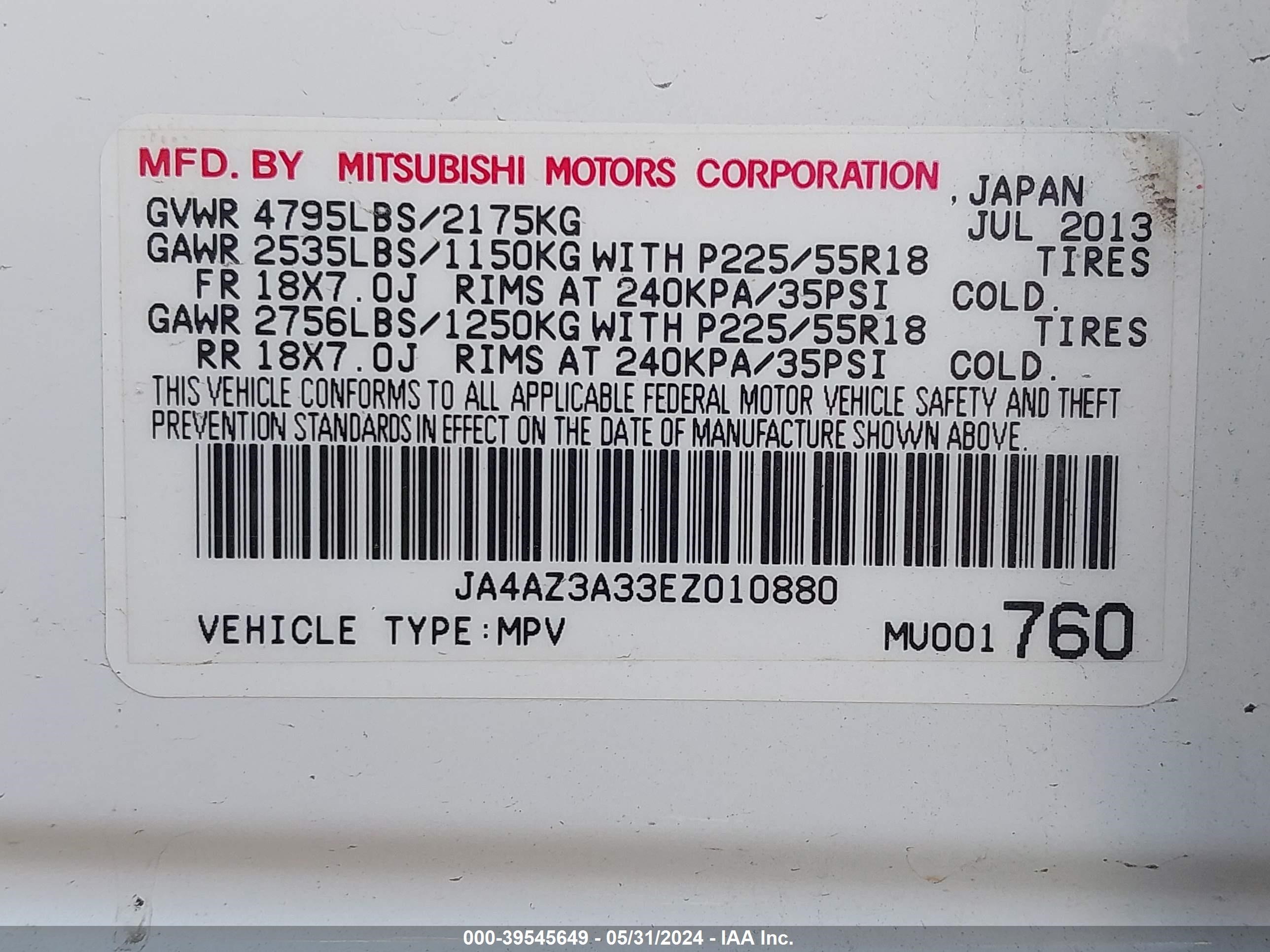 Photo 8 VIN: JA4AZ3A33EZ010880 - MITSUBISHI OUTLANDER 