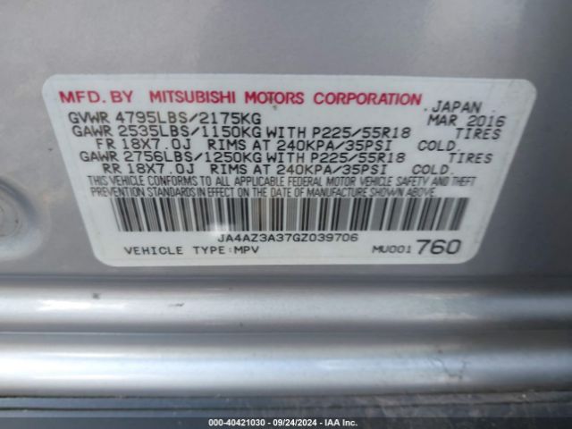 Photo 8 VIN: JA4AZ3A37GZ039706 - MITSUBISHI OUTLANDER 