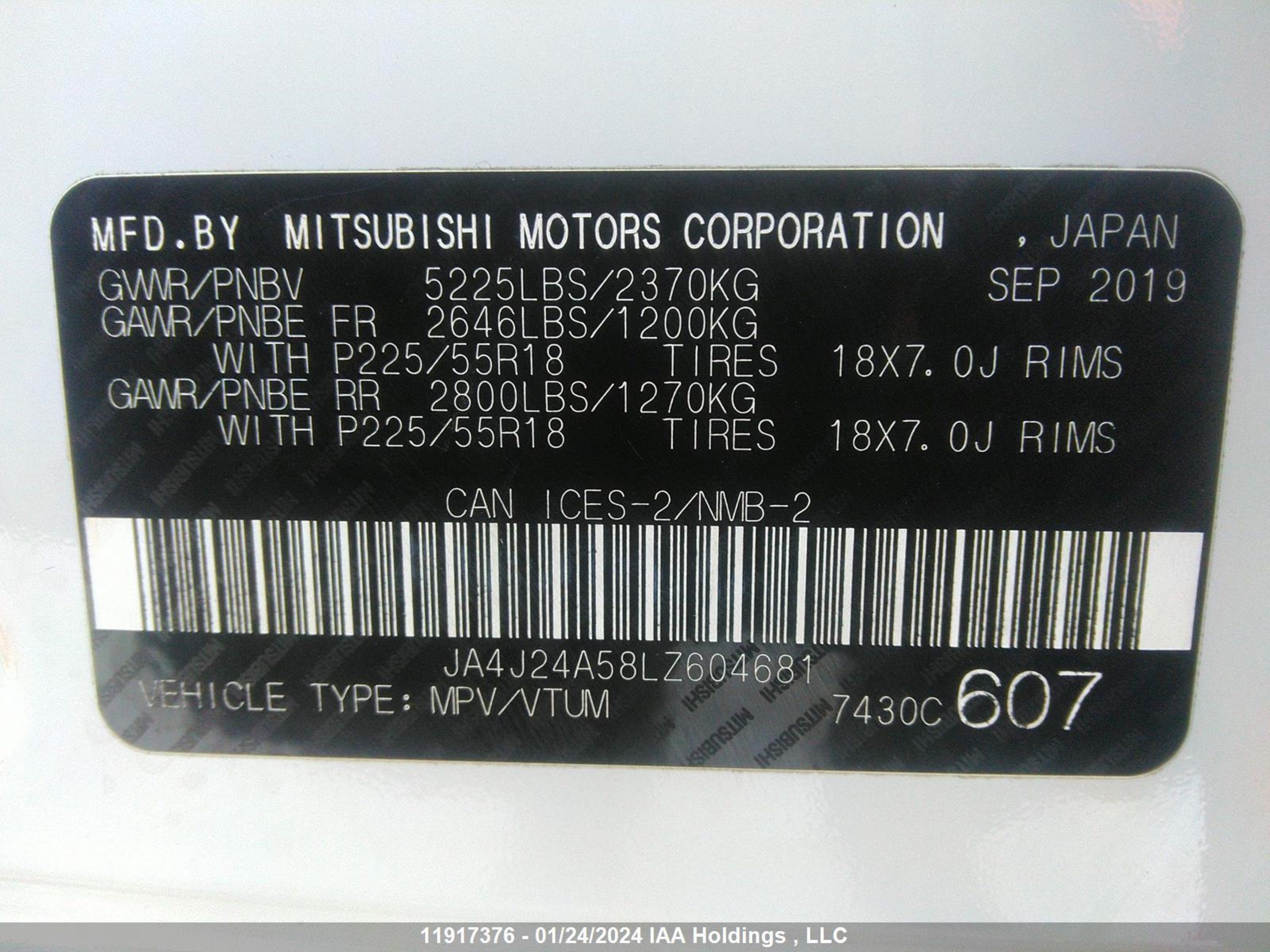 Photo 8 VIN: JA4J24A58LZ604681 - MITSUBISHI OUTLANDER 