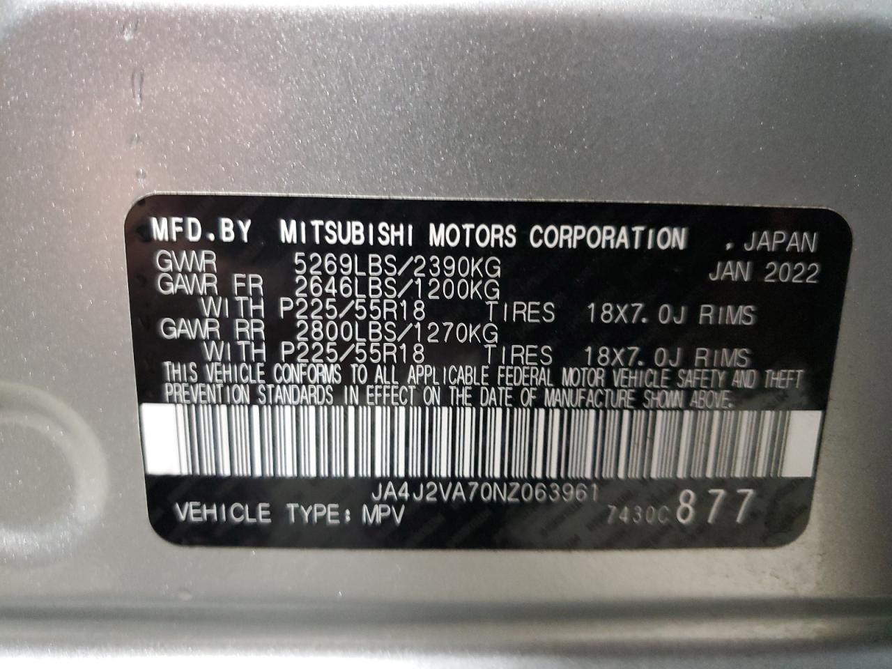 Photo 11 VIN: JA4J2VA70NZ063961 - MITSUBISHI OUTLANDER 