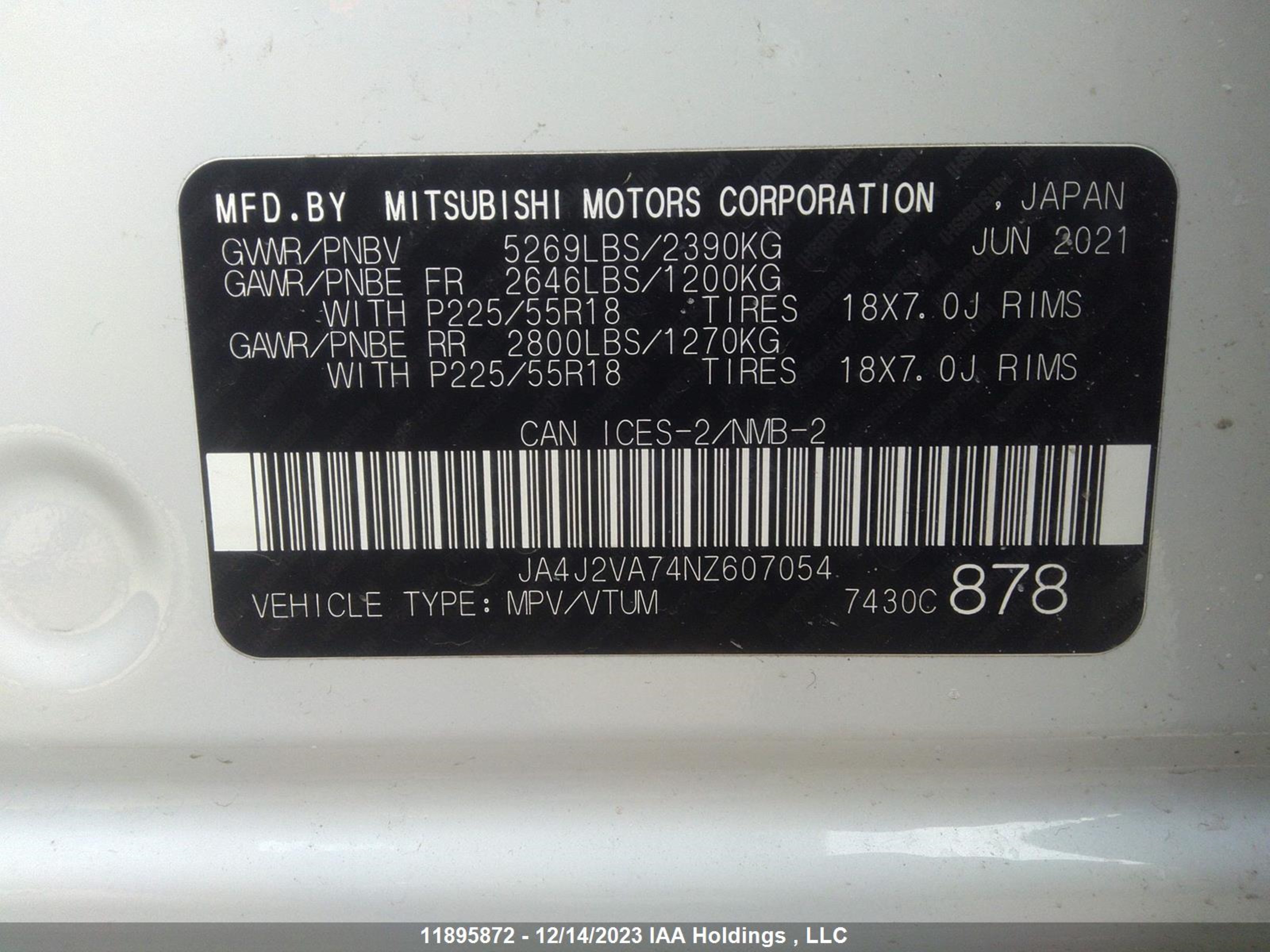 Photo 8 VIN: JA4J2VA74NZ607054 - MITSUBISHI OUTLANDER 