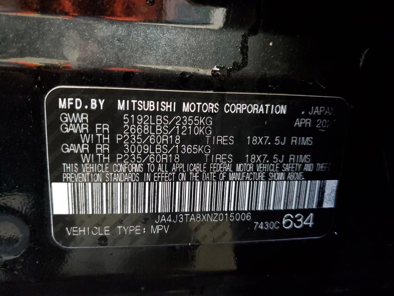 Photo 12 VIN: JA4J3TA8XNZ015006 - MITSUBISHI OUTLANDER 