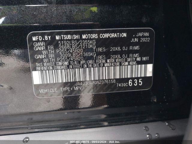 Photo 8 VIN: JA4J3UA80NZ076158 - MITSUBISHI OUTLANDER 