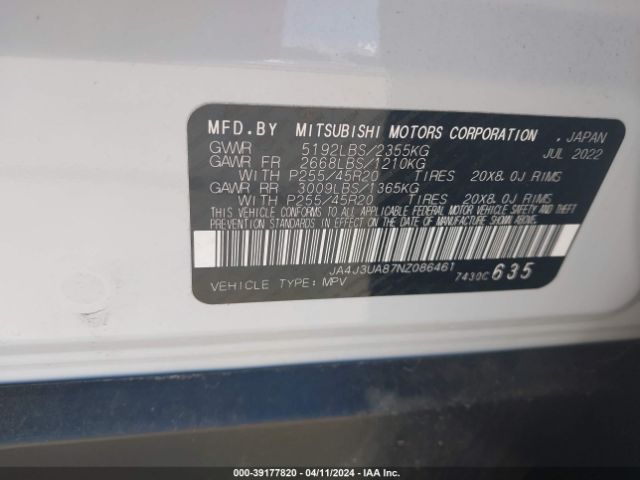 Photo 8 VIN: JA4J3UA87NZ086461 - MITSUBISHI OUTLANDER 