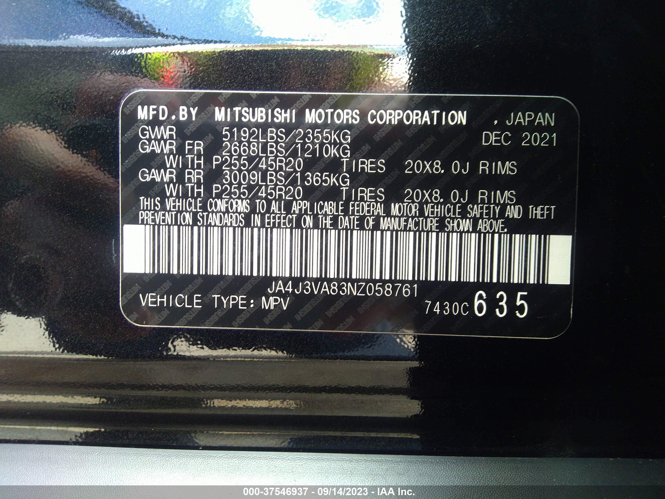 Photo 8 VIN: JA4J3VA83NZ058761 - MITSUBISHI OUTLANDER 