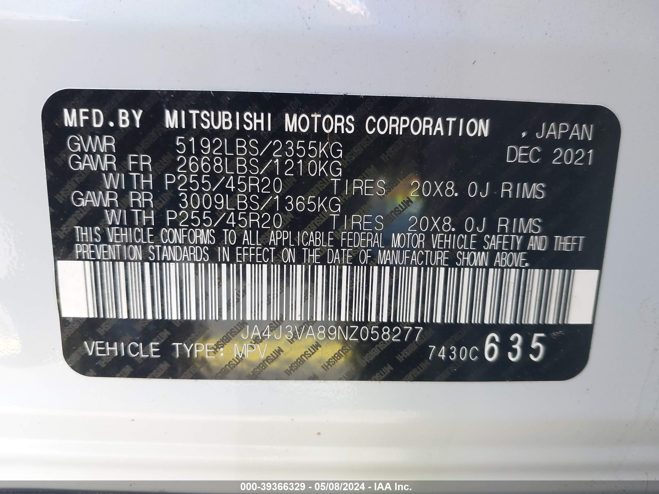 Photo 8 VIN: JA4J3VA89NZ058277 - MITSUBISHI OUTLANDER 