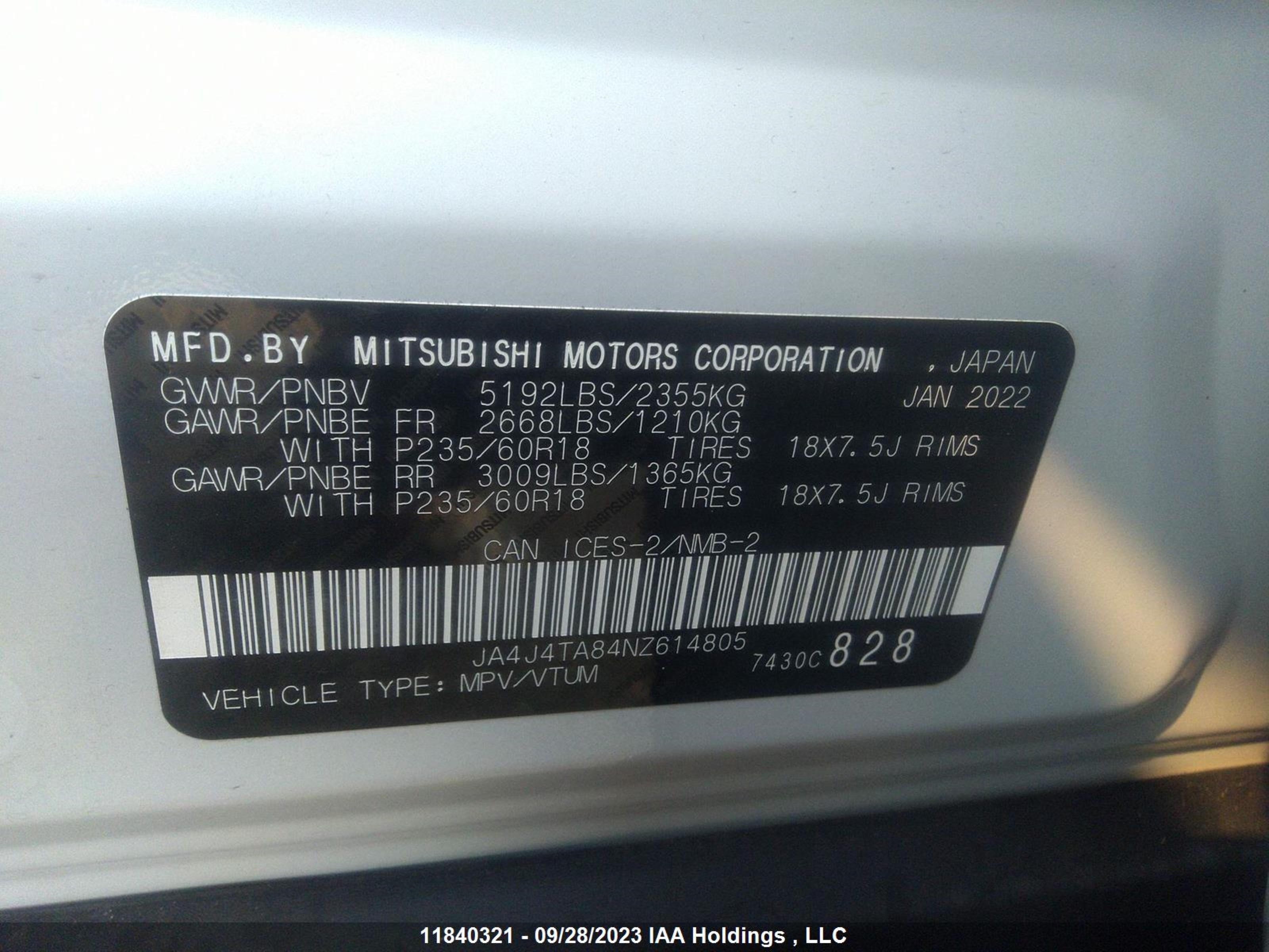 Photo 8 VIN: JA4J4TA84NZ614805 - MITSUBISHI OUTLANDER 