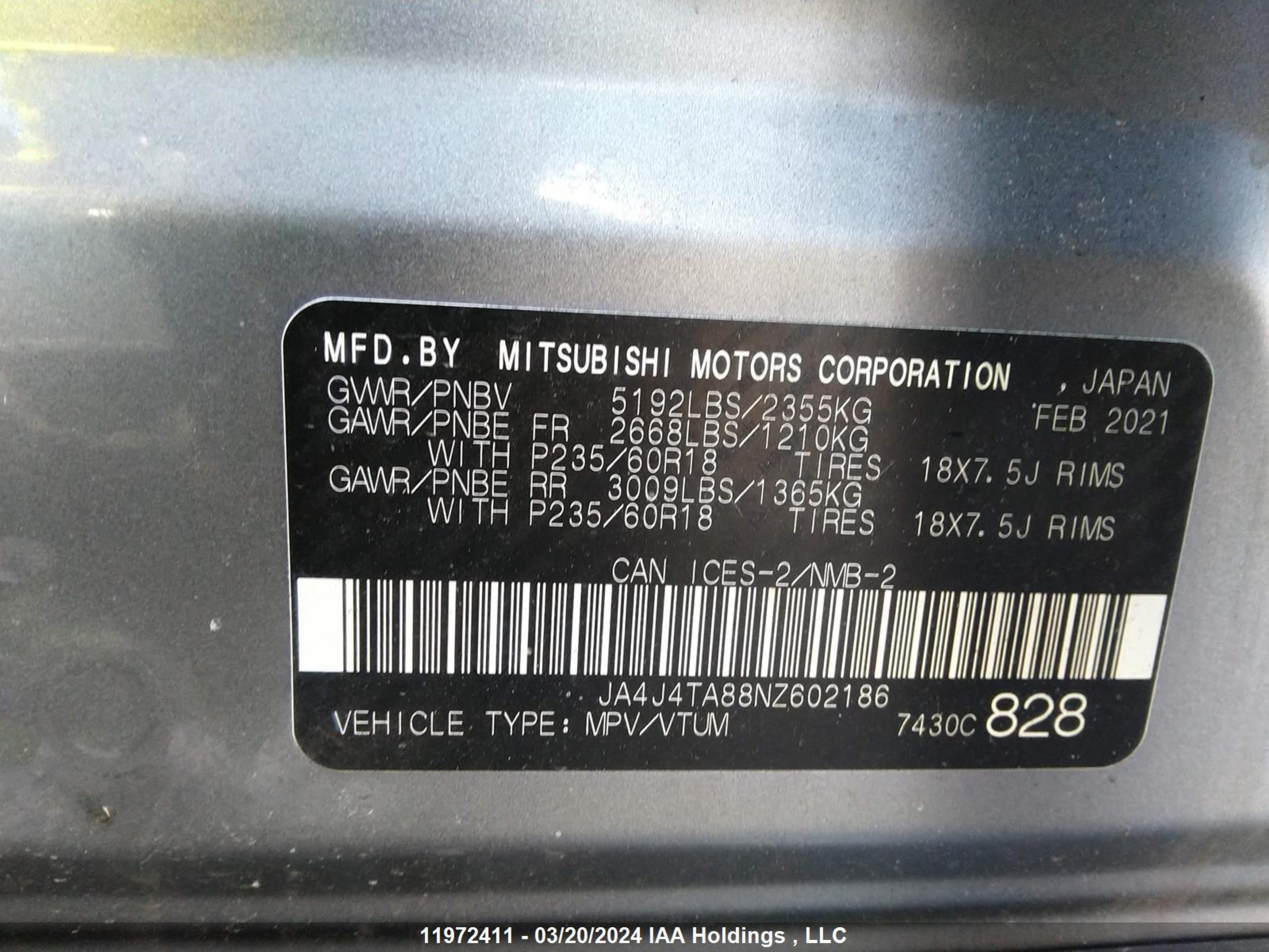 Photo 8 VIN: JA4J4TA88NZ602186 - MITSUBISHI OUTLANDER 