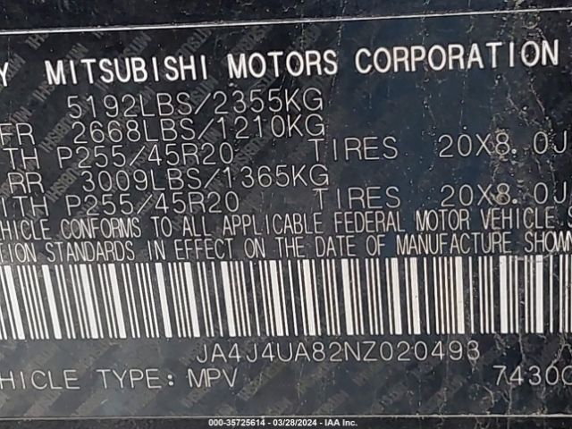 Photo 8 VIN: JA4J4UA82NZ020493 - MITSUBISHI OUTLANDER 