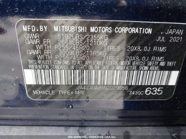 Photo 8 VIN: JA4J4UA85NZ029656 - MITSUBISHI OUTLANDER 