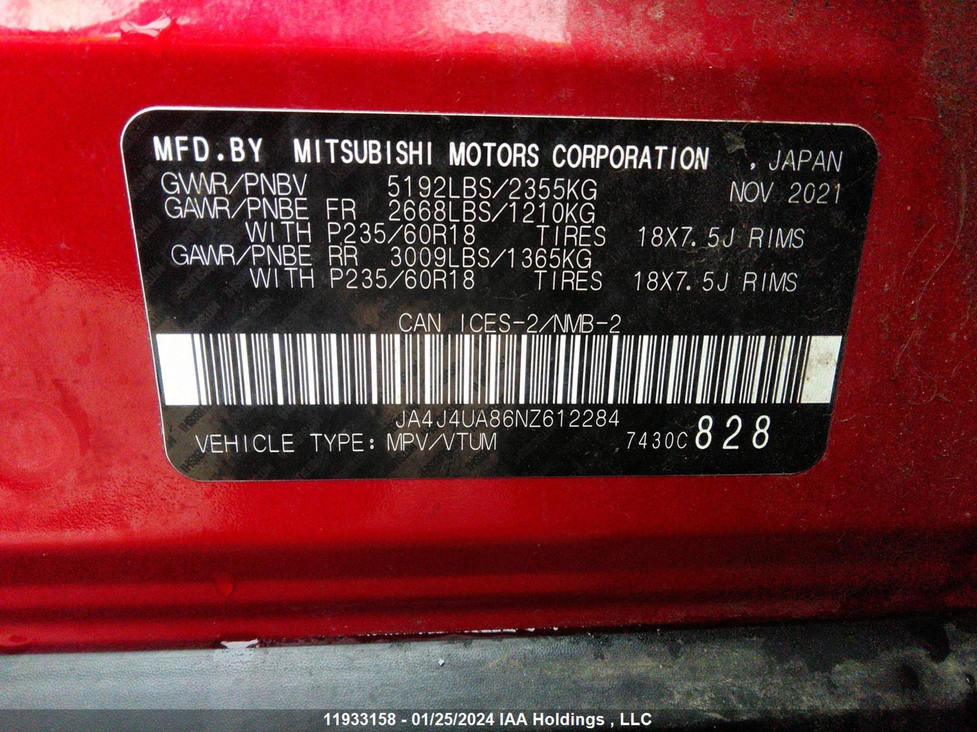 Photo 8 VIN: JA4J4UA86NZ612284 - MITSUBISHI OUTLANDER 