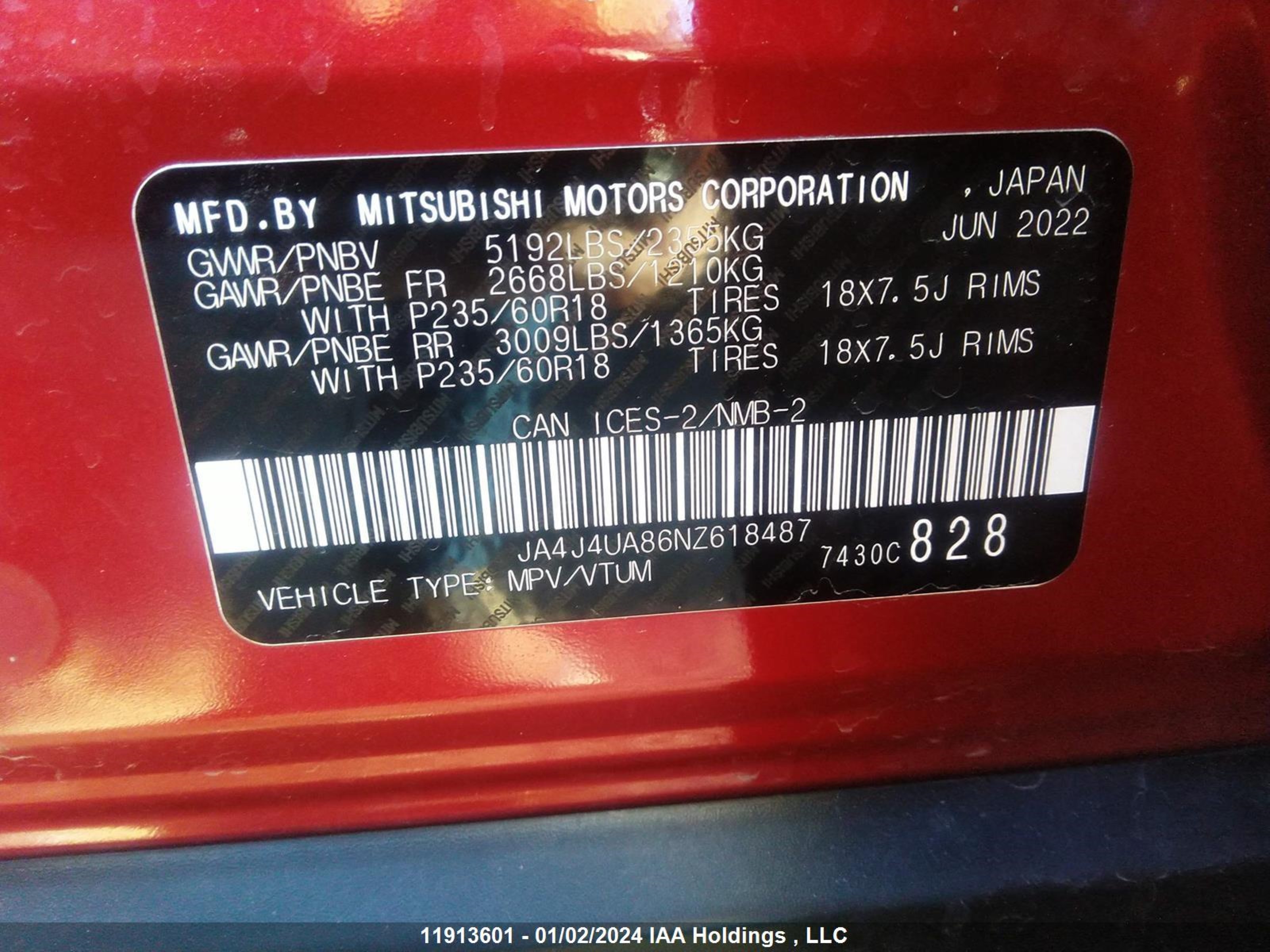 Photo 8 VIN: JA4J4UA86NZ618487 - MITSUBISHI OUTLANDER 