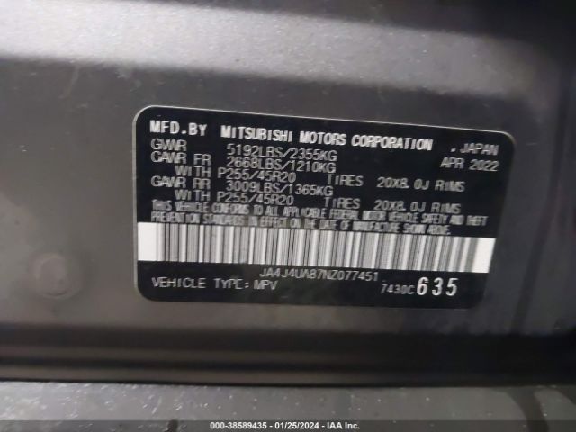 Photo 8 VIN: JA4J4UA87NZ077451 - MITSUBISHI OUTLANDER 