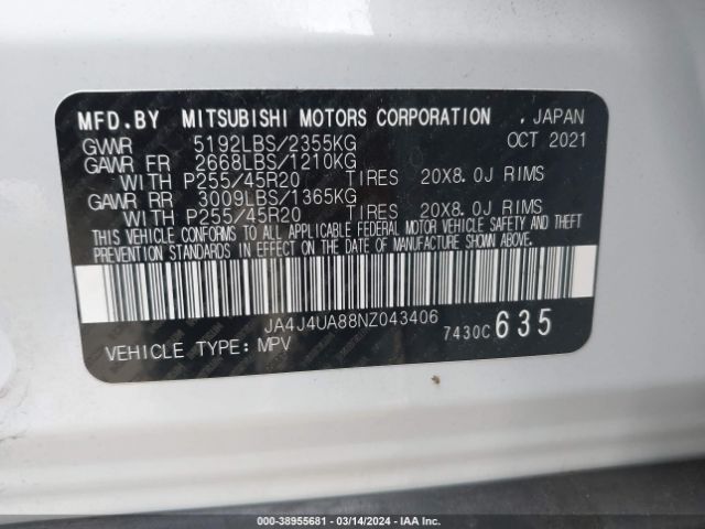 Photo 8 VIN: JA4J4UA88NZ043406 - MITSUBISHI OUTLANDER 