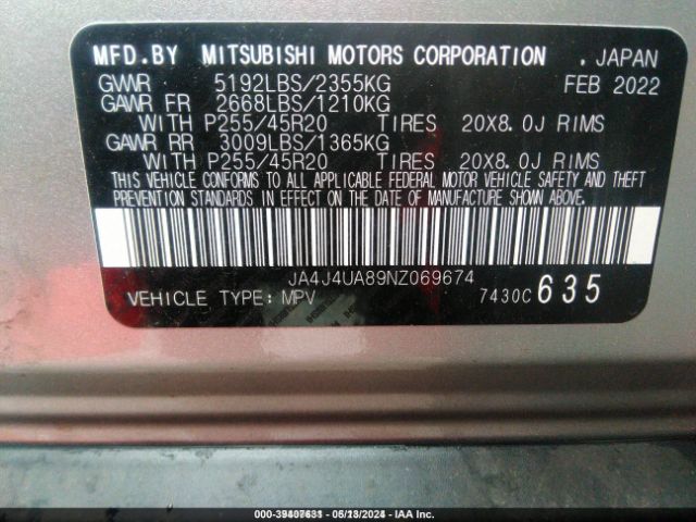 Photo 8 VIN: JA4J4UA89NZ069674 - MITSUBISHI OUTLANDER 