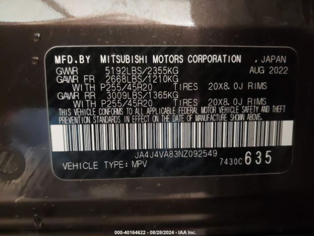 Photo 8 VIN: JA4J4VA83NZ092549 - MITSUBISHI OUTLANDER 