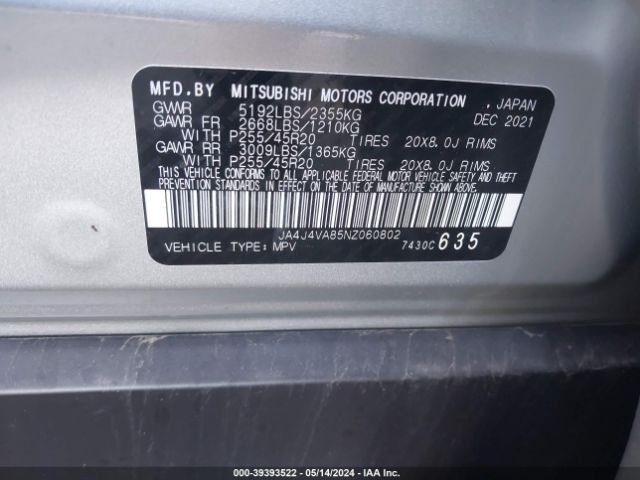 Photo 8 VIN: JA4J4VA85NZ060802 - MITSUBISHI OUTLANDER 