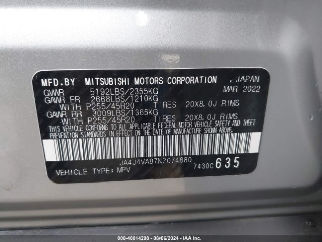 Photo 8 VIN: JA4J4VA87NZ074880 - MITSUBISHI OUTLANDER 