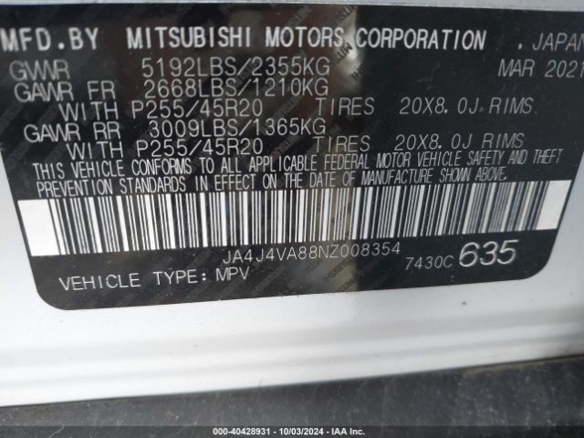 Photo 8 VIN: JA4J4VA88NZ008354 - MITSUBISHI OUTLANDER 