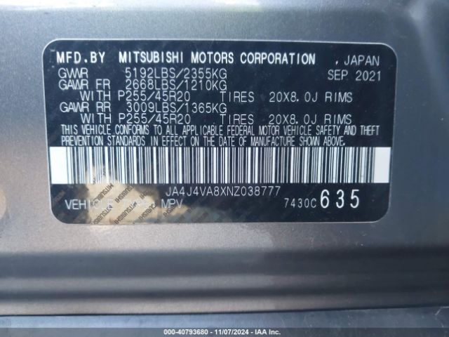 Photo 8 VIN: JA4J4VA8XNZ038777 - MITSUBISHI OUTLANDER 