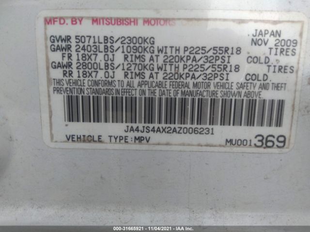 Photo 8 VIN: JA4JS4AX2AZ006231 - MITSUBISHI OUTLANDER 