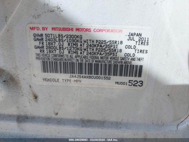 Photo 8 VIN: JA4JS4AX8CU001552 - MITSUBISHI OUTLANDER 