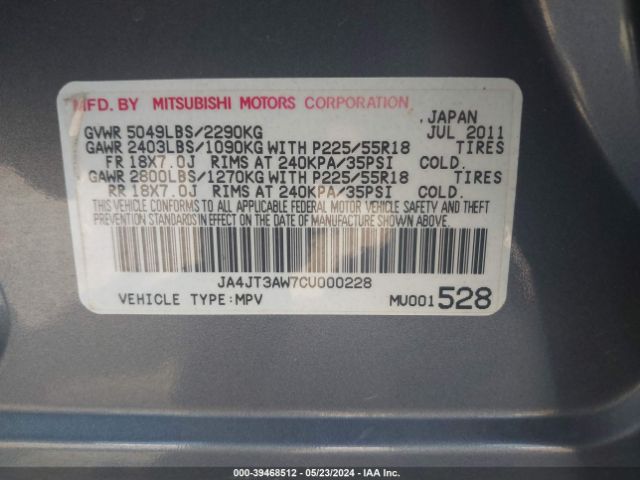 Photo 8 VIN: JA4JT3AW7CU000228 - MITSUBISHI OUTLANDER 