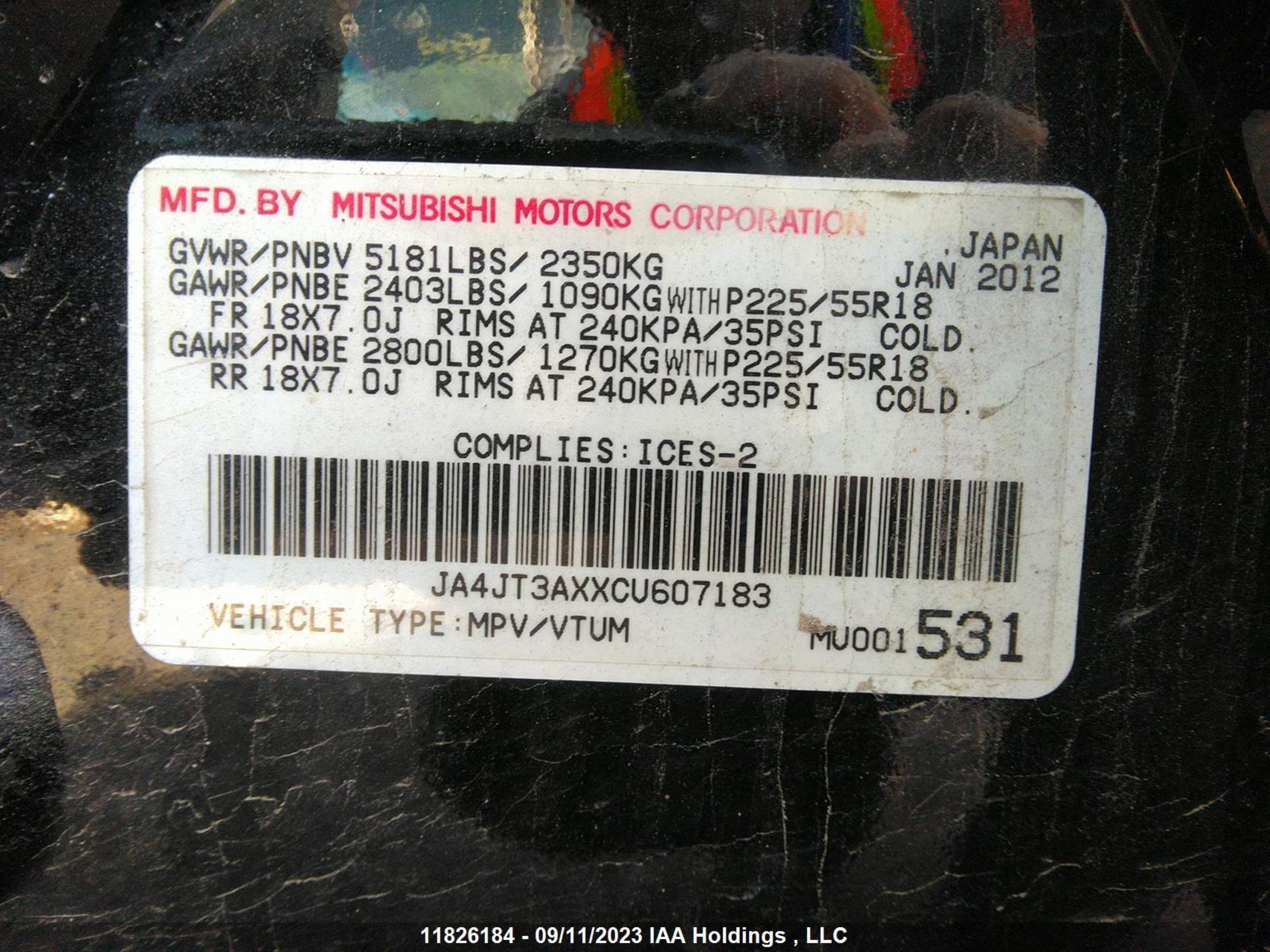 Photo 8 VIN: JA4JT3AXXCU607183 - MITSUBISHI OUTLANDER 