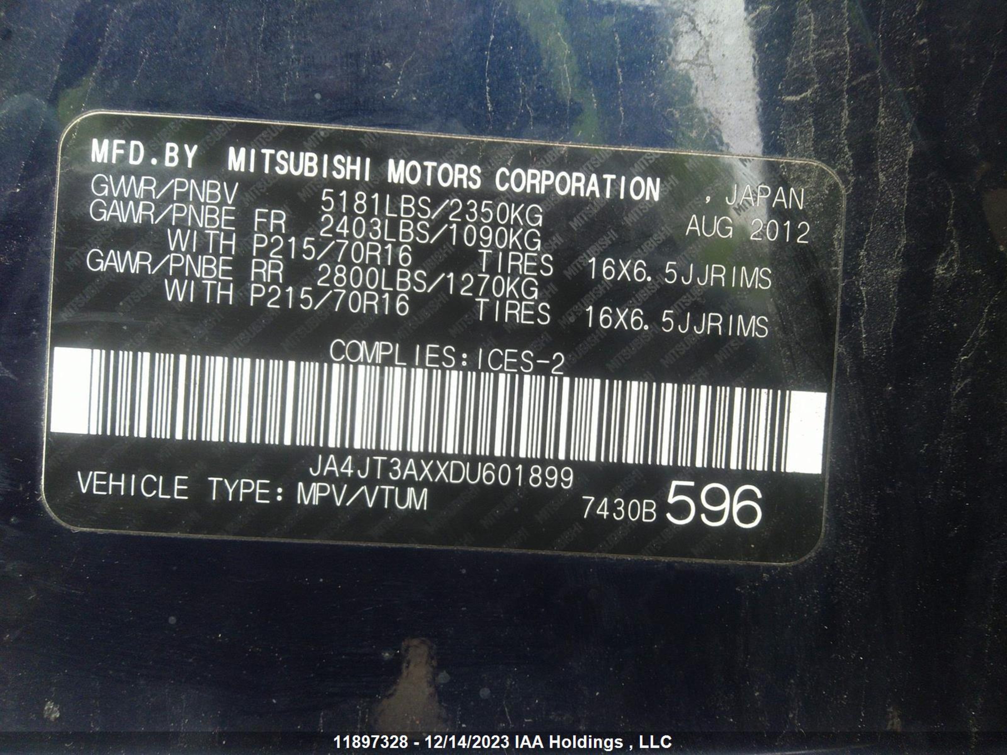 Photo 8 VIN: JA4JT3AXXDU601899 - MITSUBISHI OUTLANDER 