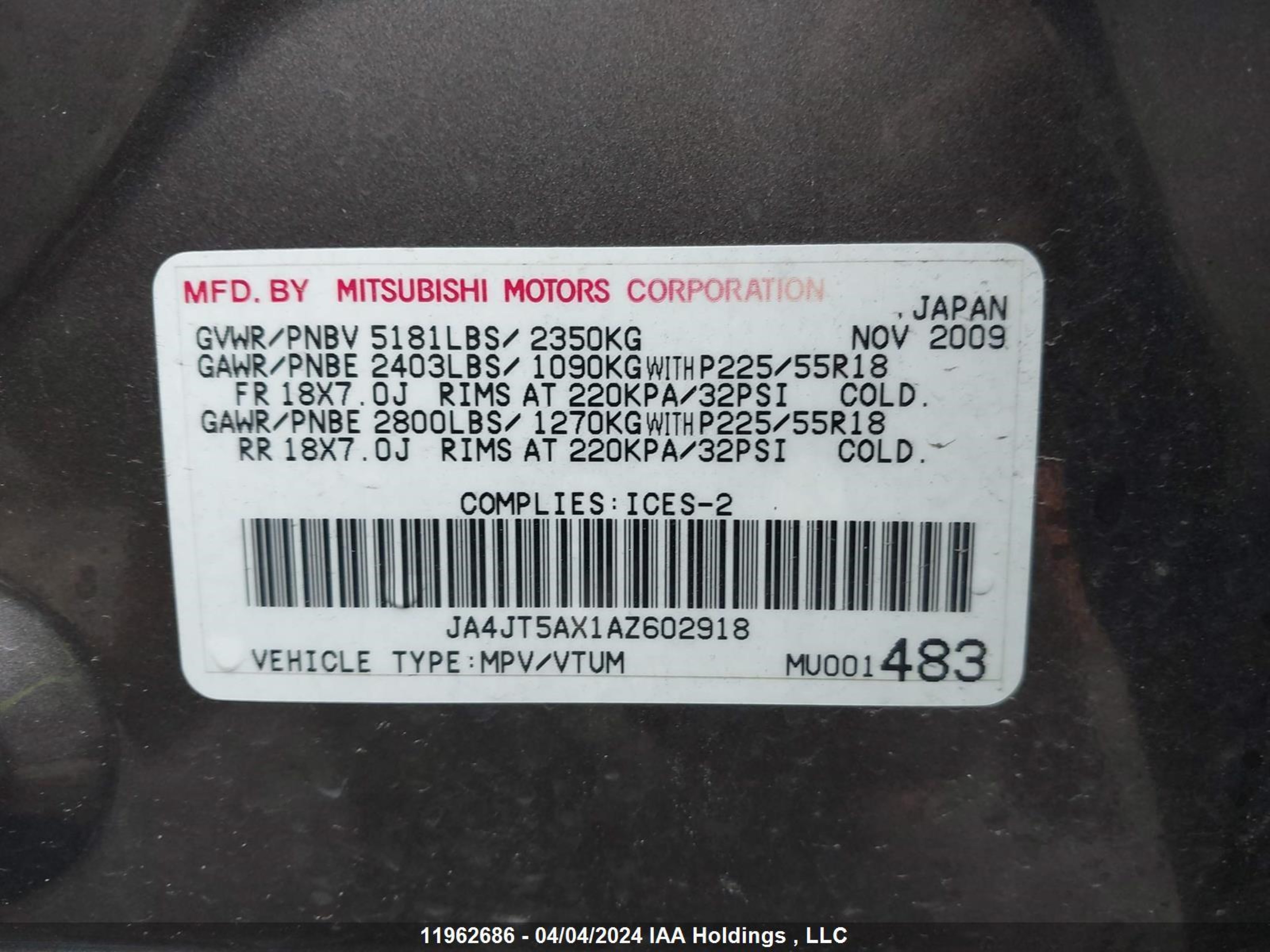 Photo 8 VIN: JA4JT5AX1AZ602918 - MITSUBISHI OUTLANDER 