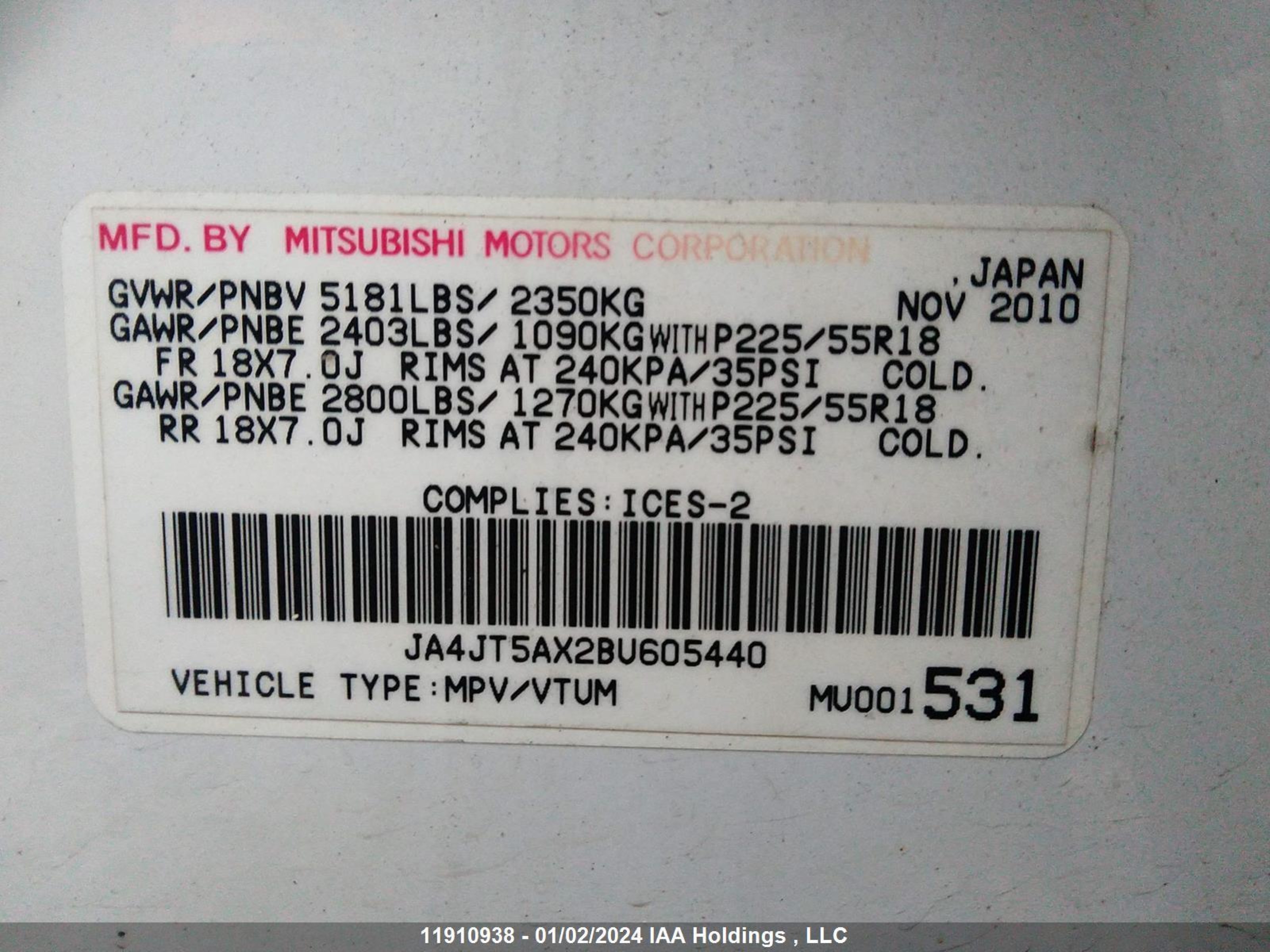 Photo 8 VIN: JA4JT5AX2BU605440 - MITSUBISHI OUTLANDER 