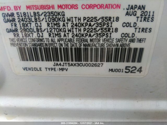 Photo 8 VIN: JA4JT5AX3CU002627 - MITSUBISHI OUTLANDER 