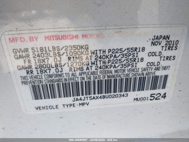 Photo 8 VIN: JA4JT5AX4BU020343 - MITSUBISHI OUTLANDER 