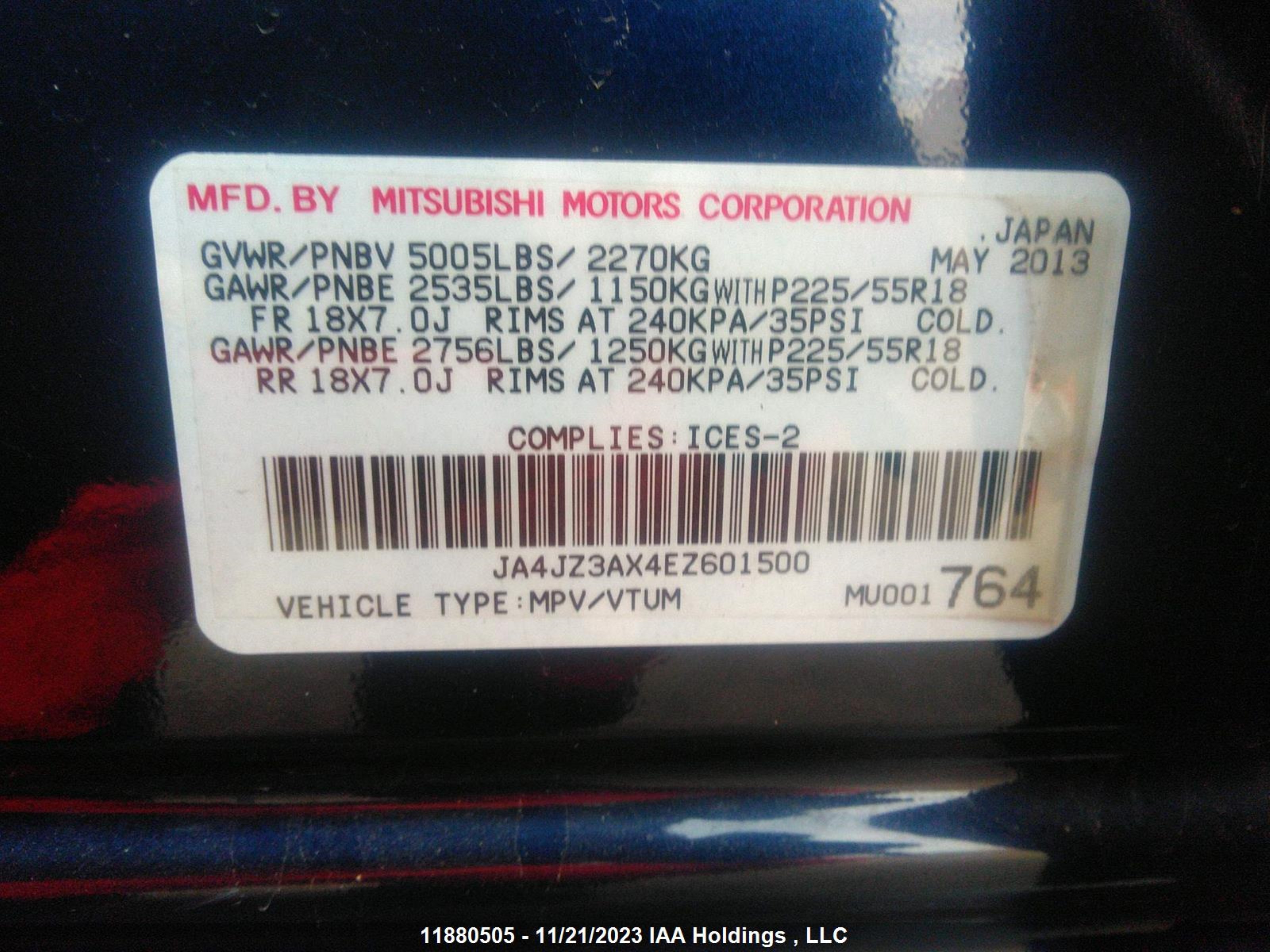 Photo 8 VIN: JA4JZ3AX4EZ601500 - MITSUBISHI OUTLANDER 