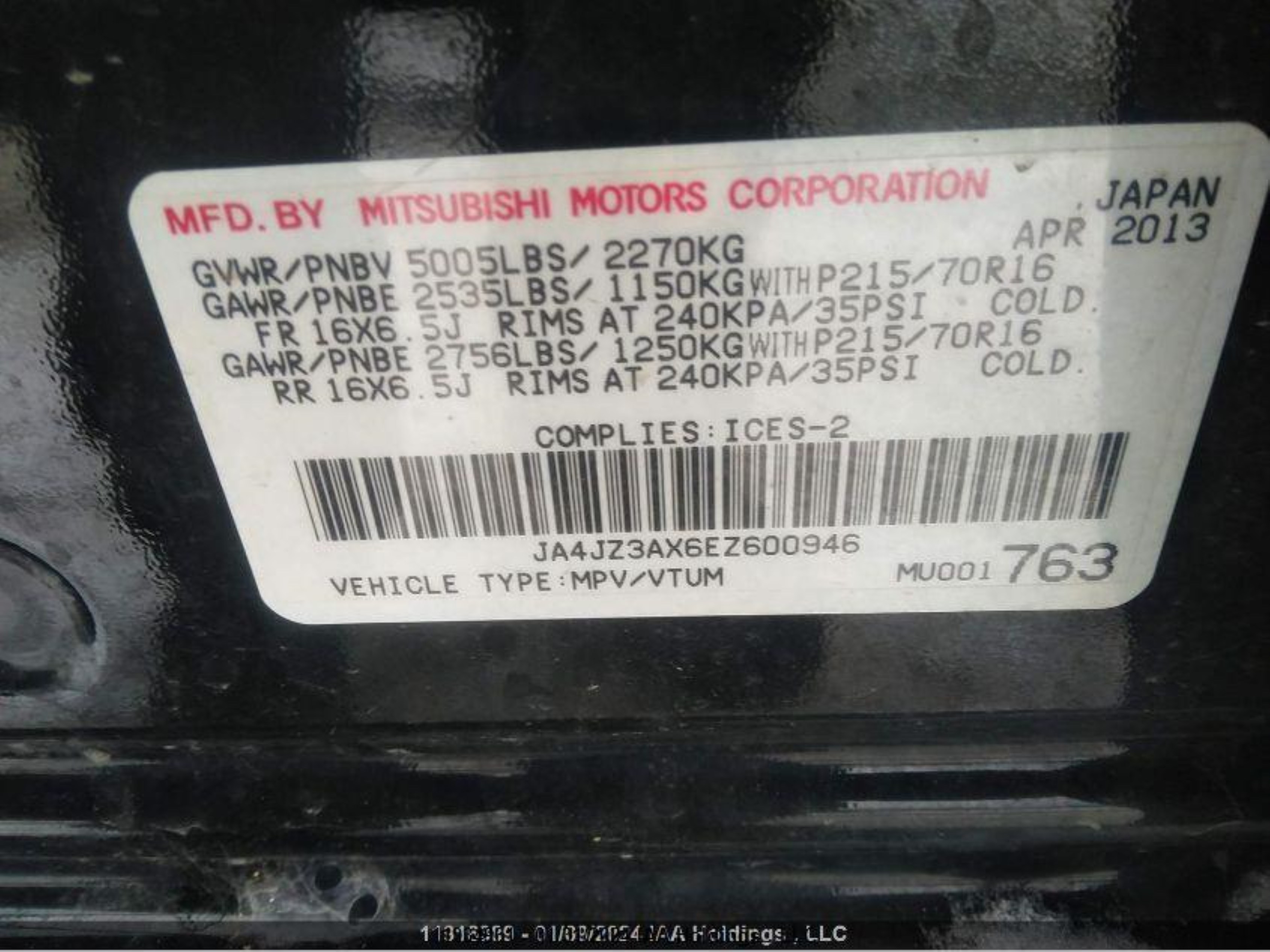 Photo 8 VIN: JA4JZ3AX6EZ600946 - MITSUBISHI OUTLANDER 