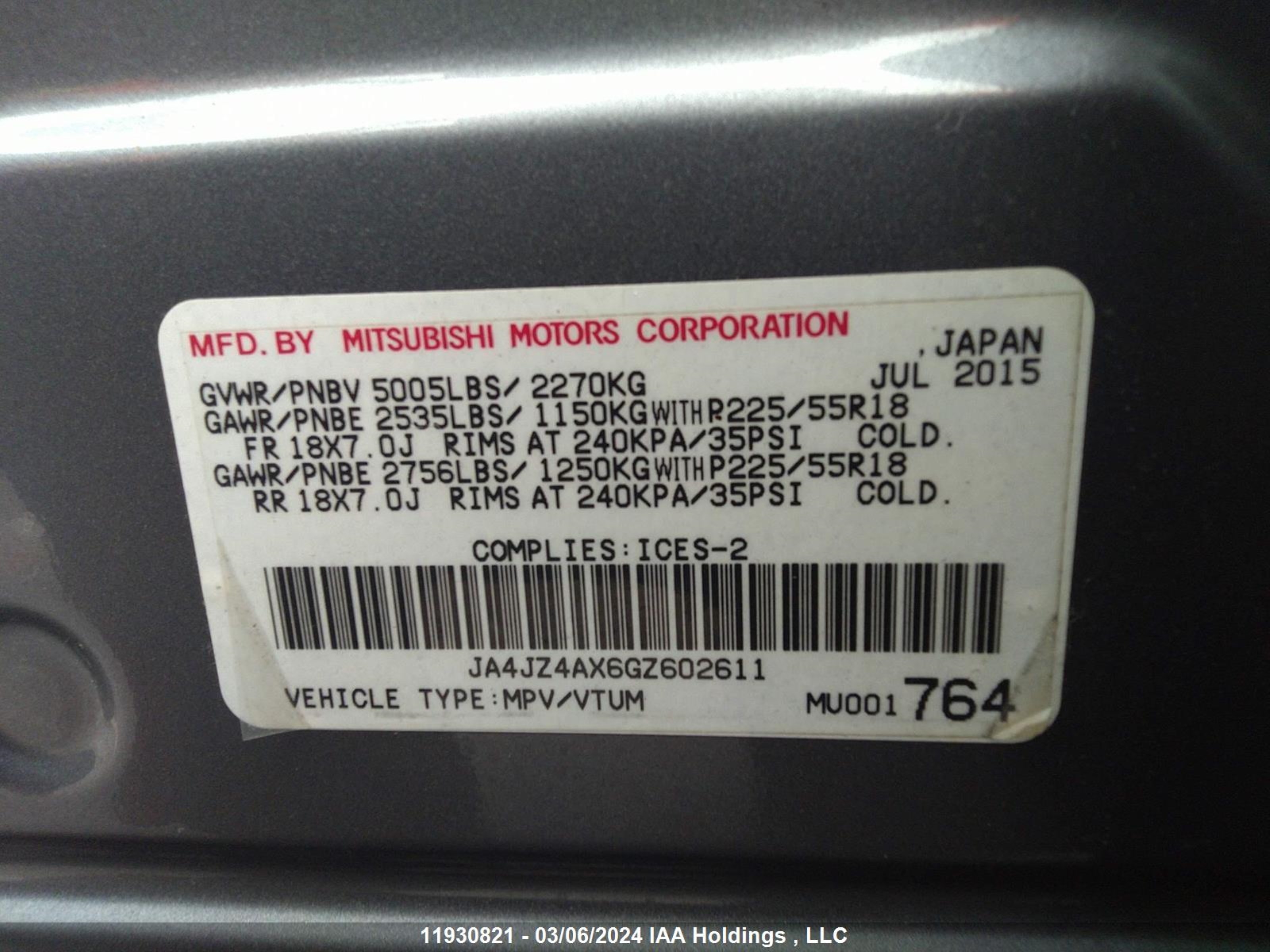 Photo 8 VIN: JA4JZ4AX6GZ602611 - MITSUBISHI OUTLANDER 