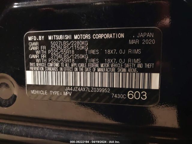 Photo 8 VIN: JA4JZ4AX7LZ039952 - MITSUBISHI OUTLANDER 