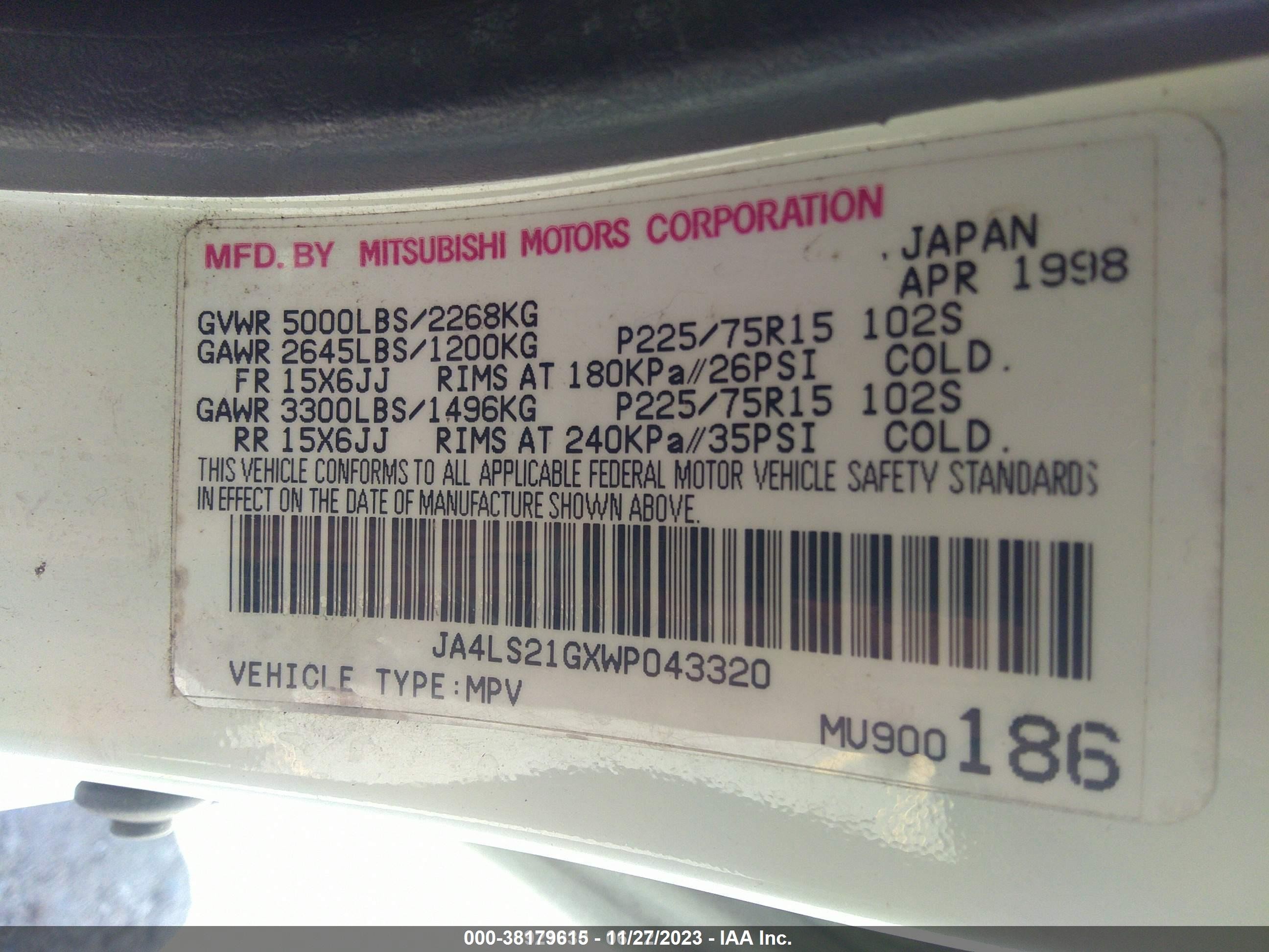 Photo 9 VIN: JA4LS21GXWP043320 - MITSUBISHI MONTERO SPORT 