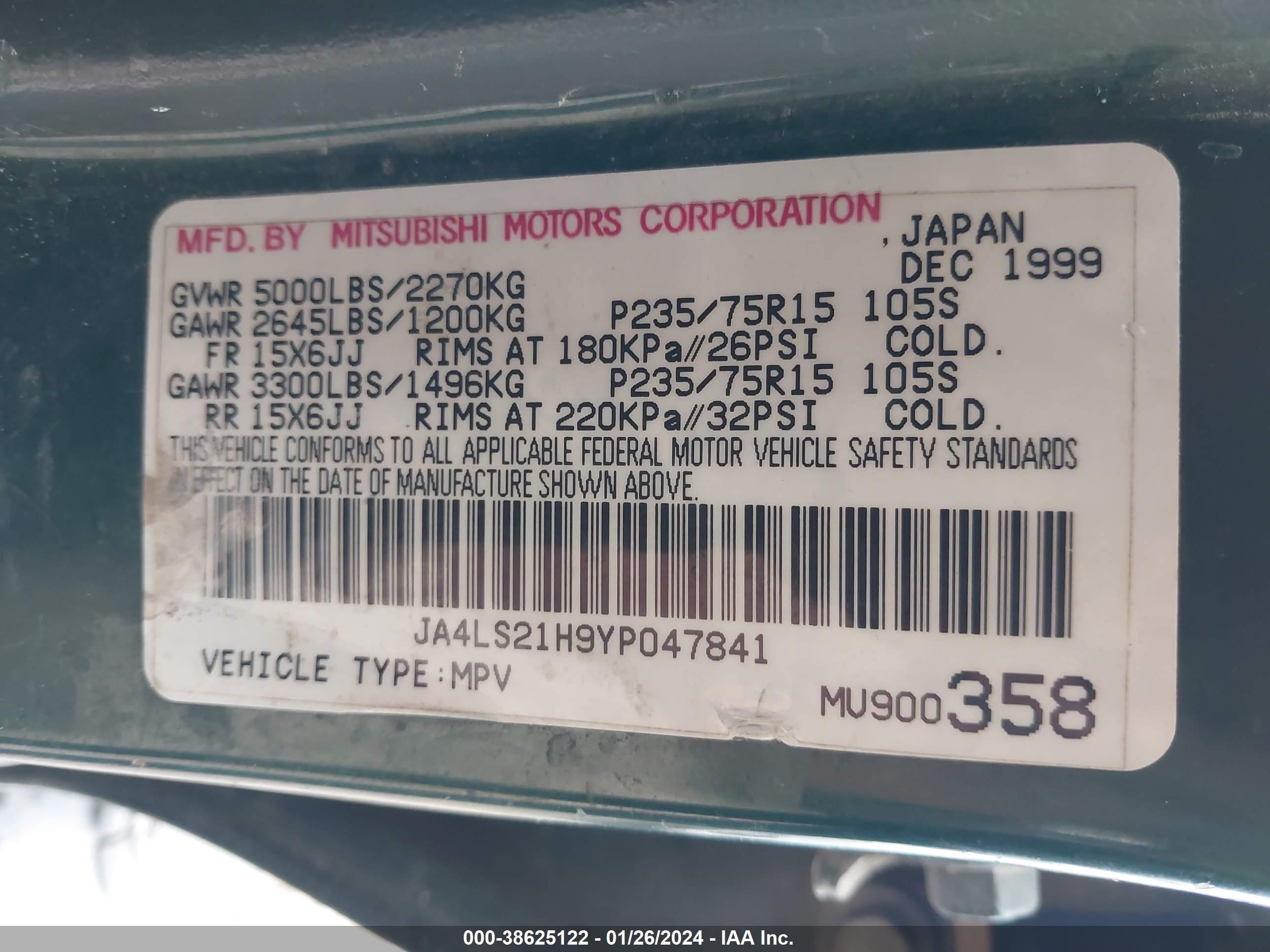 Photo 8 VIN: JA4LS21H9YP047841 - MITSUBISHI MONTERO SPORT 