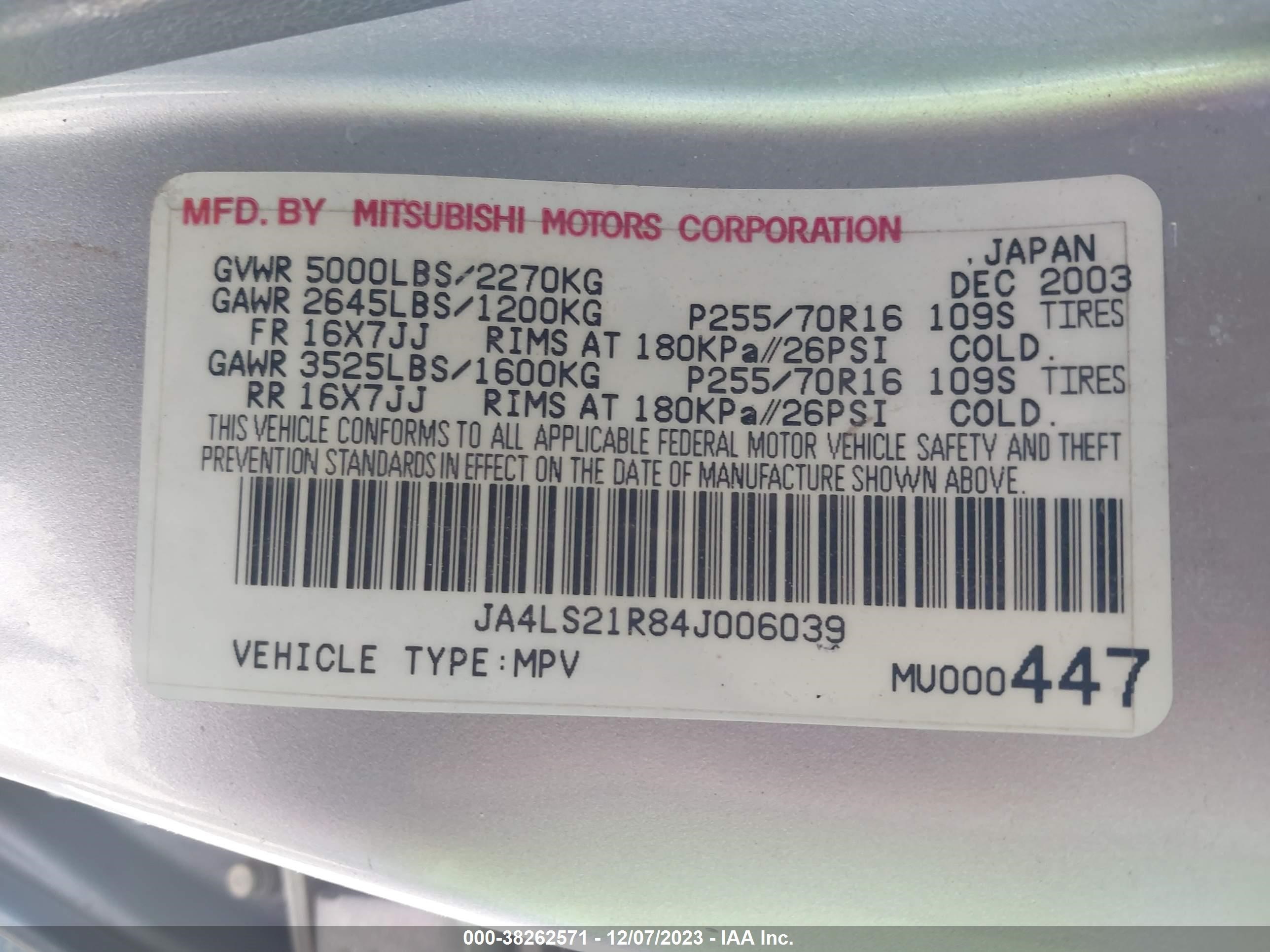 Photo 8 VIN: JA4LS21R84J006039 - MITSUBISHI MONTERO SPORT 