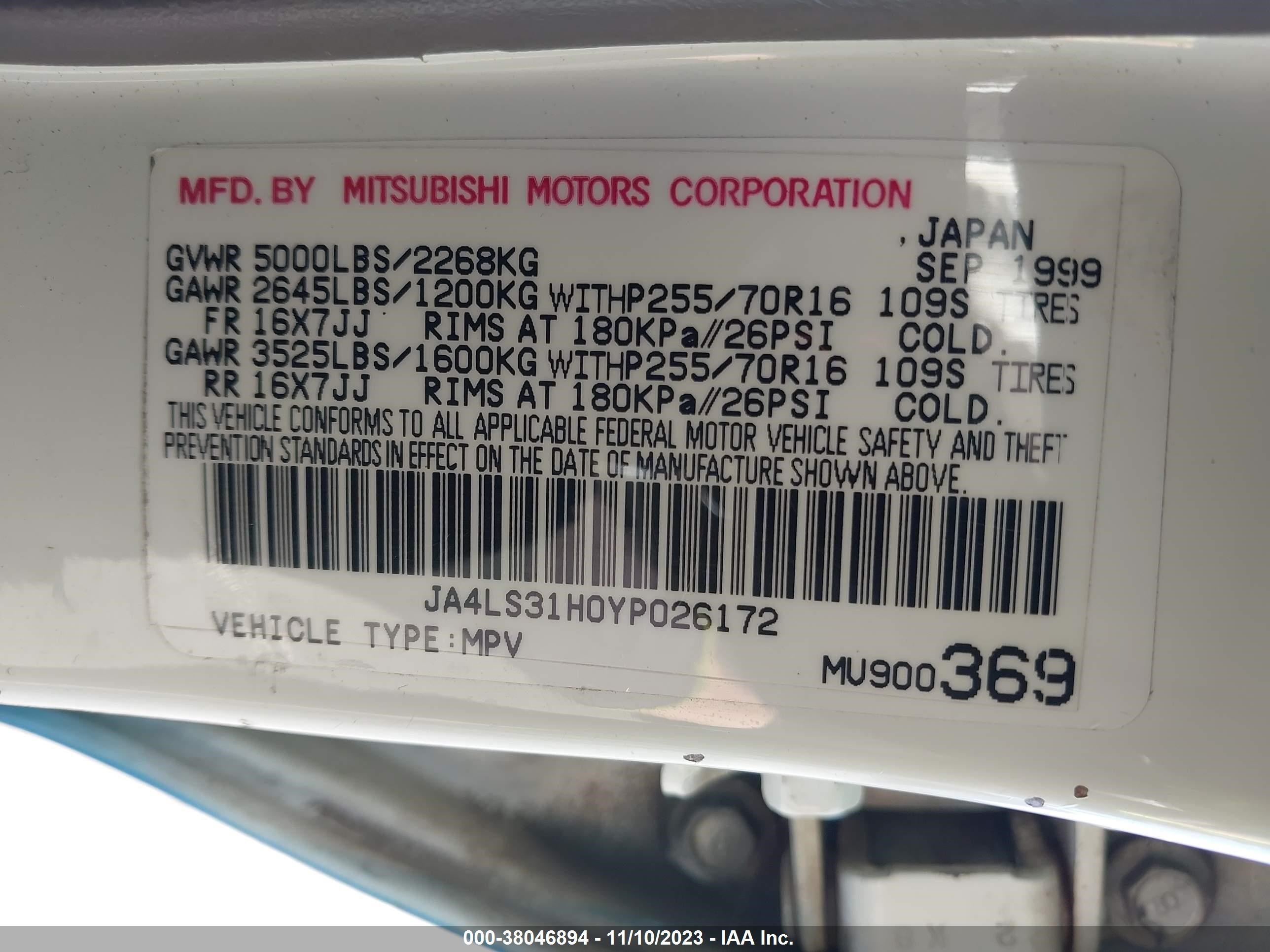 Photo 8 VIN: JA4LS31H0YP026172 - MITSUBISHI MONTERO SPORT 